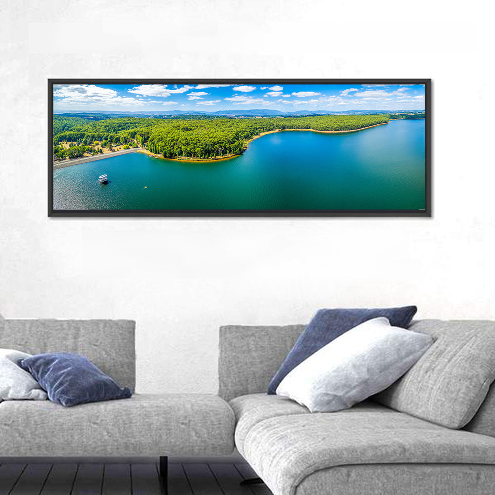 Silvan Reservoir Shoreline Wall Art in a room, panoramic