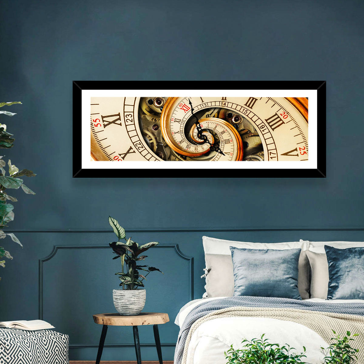 Steampunk Spiral Clock Wall Art in a room, panoramic