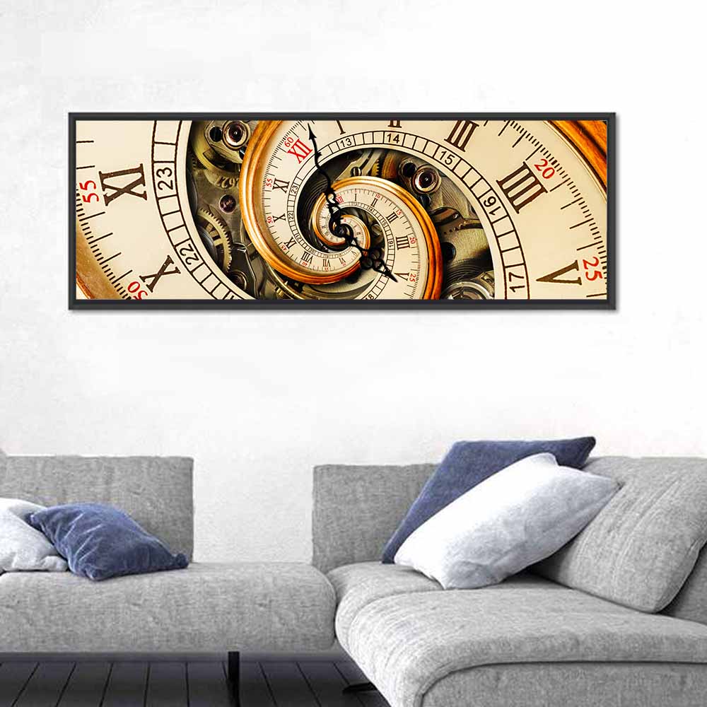 Steampunk Spiral Clock Wall Art in a room, panoramic