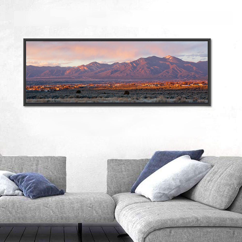 Taos Valley Sunset Wall Art in a room, panoramic