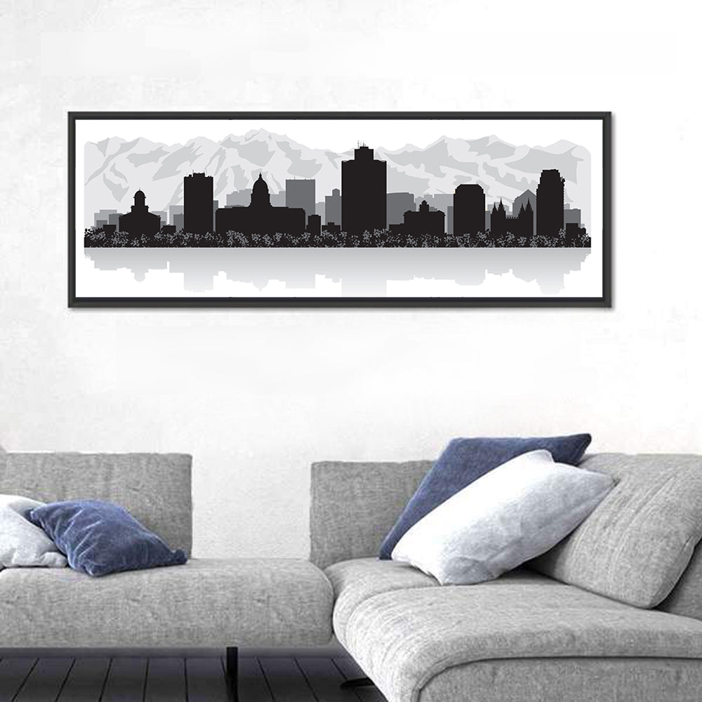 Salt Lake City Skyline Wall Art in a room, panoramic