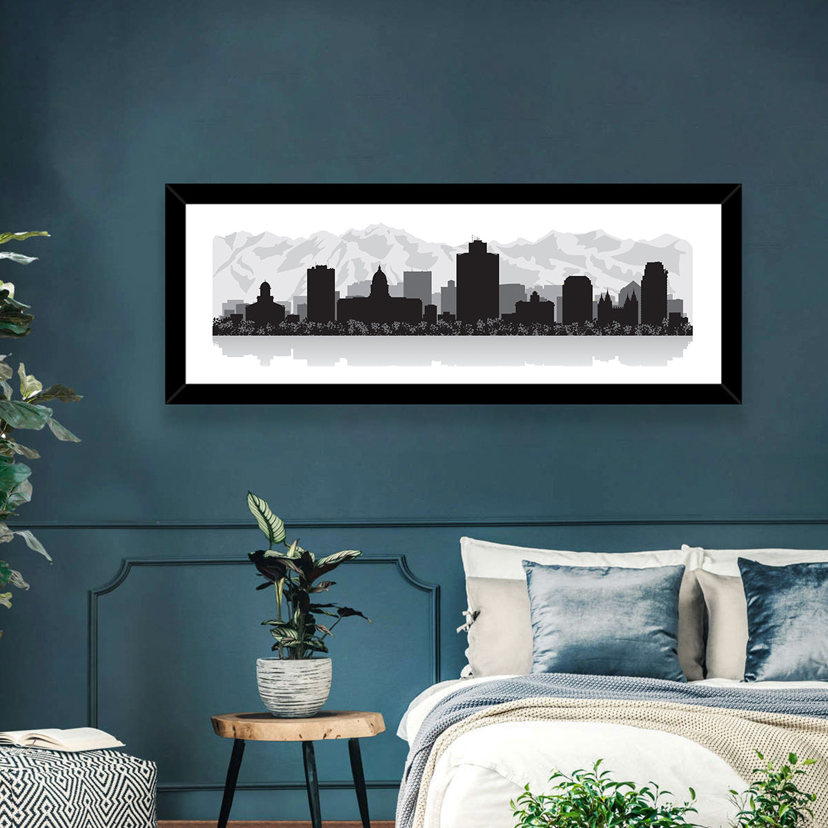 Salt Lake City Skyline Wall Art in a room, panoramic