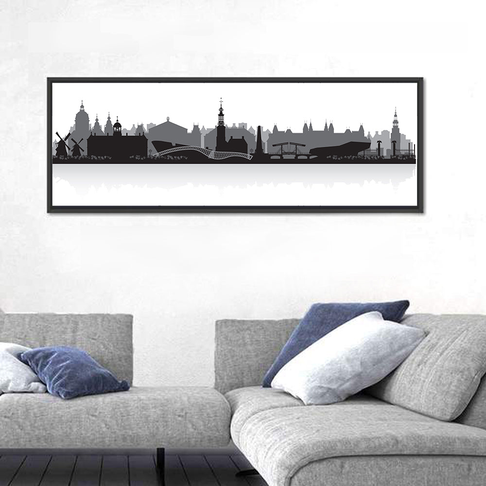 Amsterdam Skyline Silhouette Wall Art in a room, panoramic