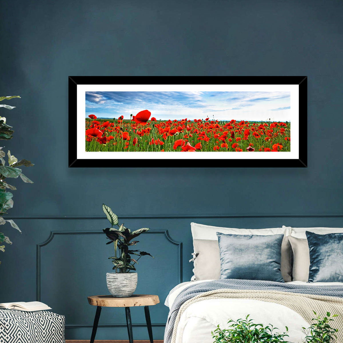 Red Poppy Field Wall Art in a room, panoramic