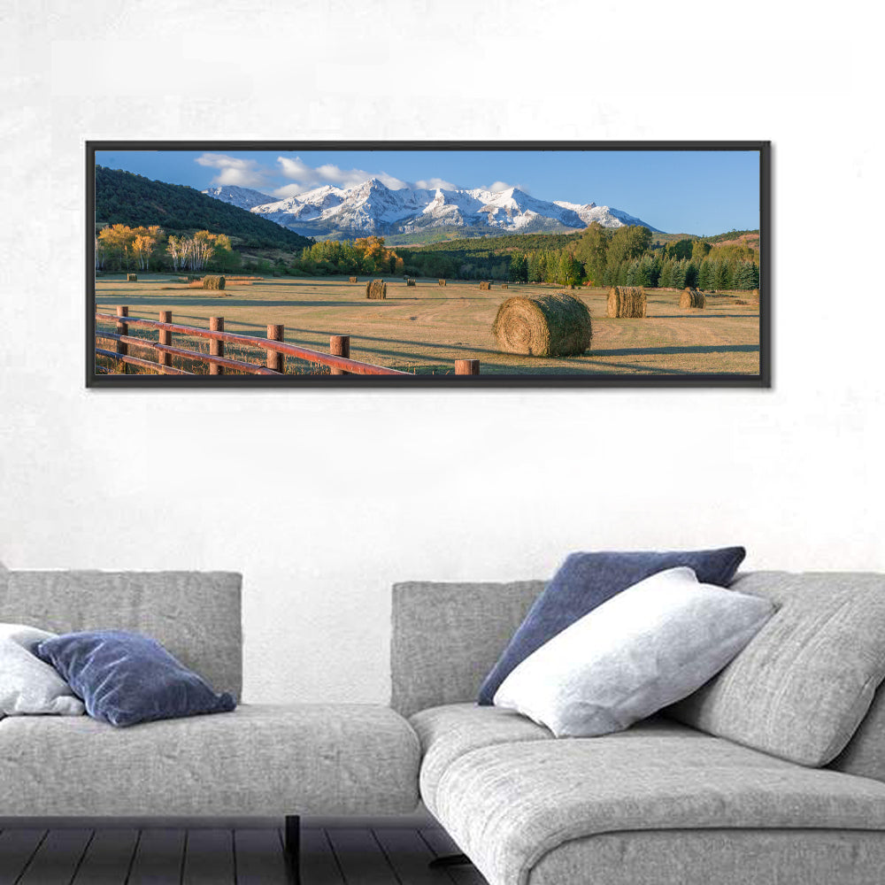 Colorado Hay Bales Wall Art in a room, panoramic
