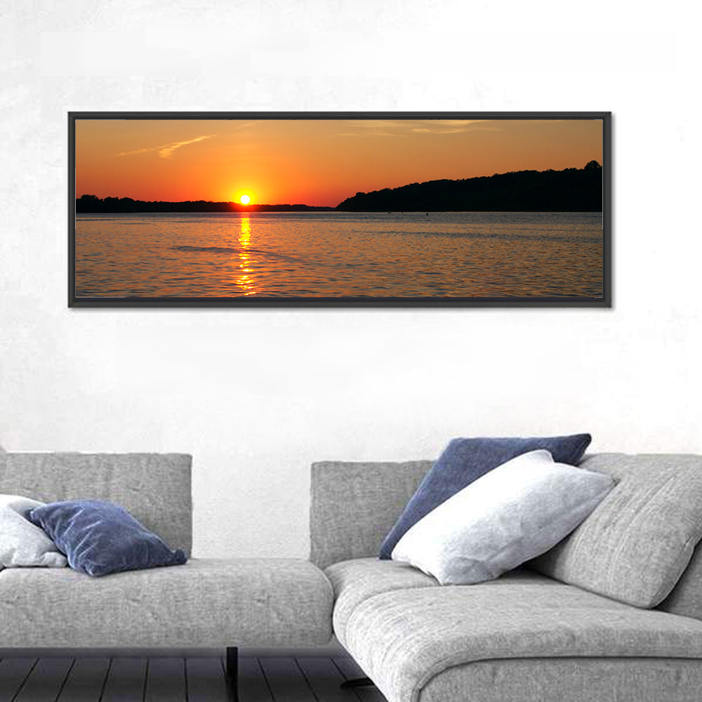 Mississippi River Sunset Wall Art in a room, panoramic