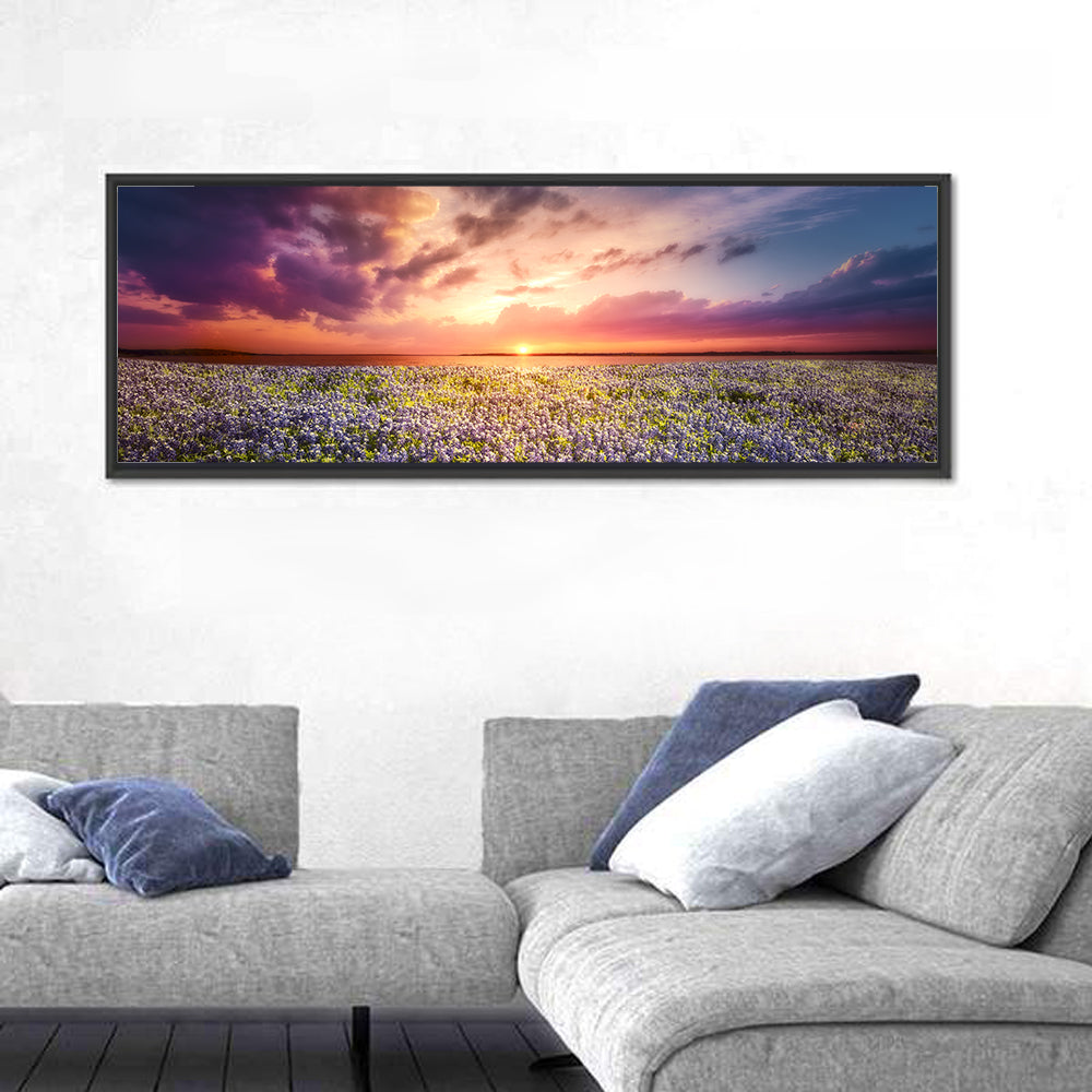 Texas Bluebonnet Sunset Wall Art in a room, panoramic