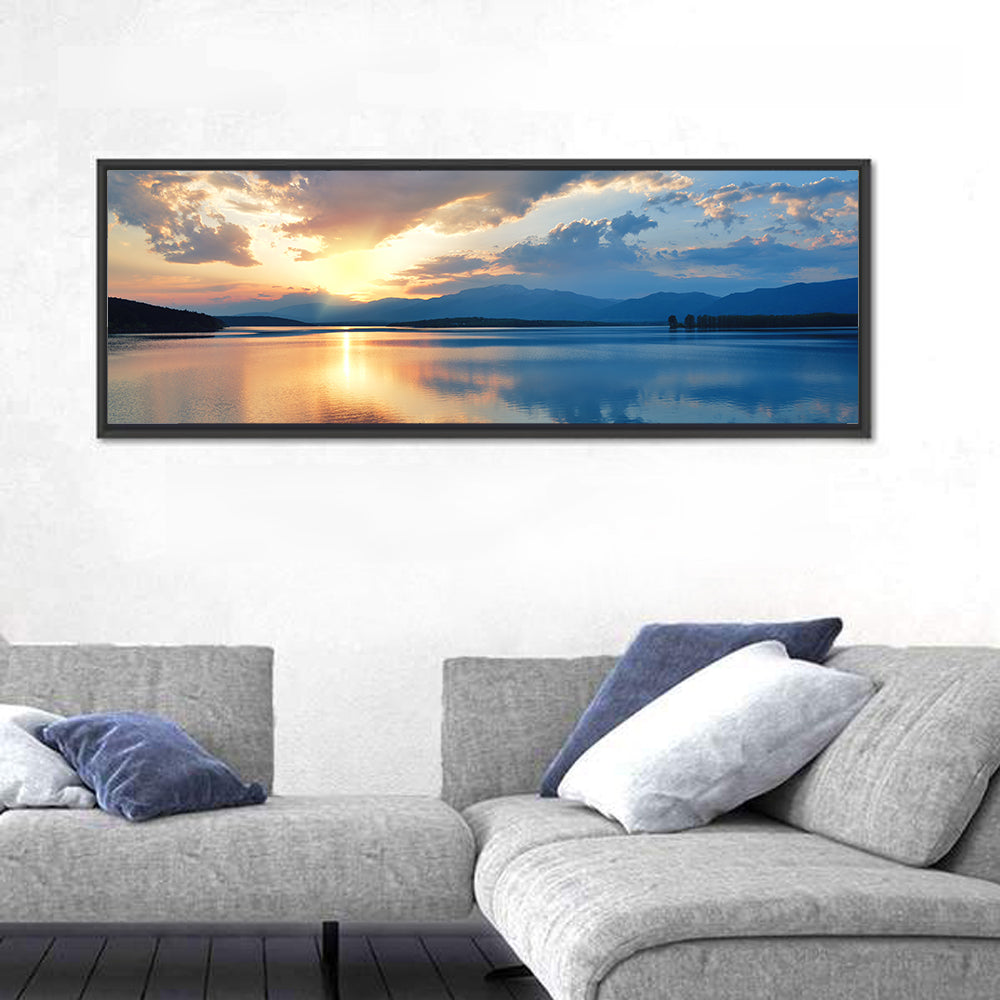 Golden Hour Lake Reflection Wall Art in a room, panoramic