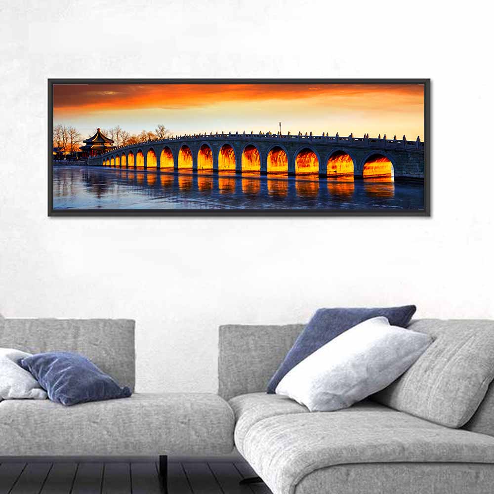 Seventeen-arch Bridge at Golden Hour Wall Art in a room, panoramic