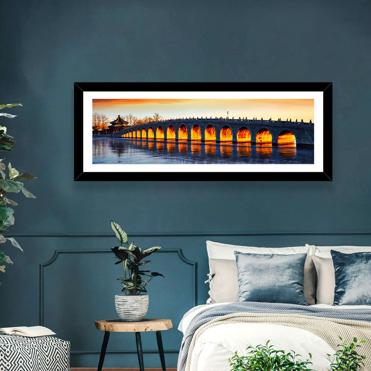 Seventeen-arch Bridge at Golden Hour Wall Art in a room, panoramic