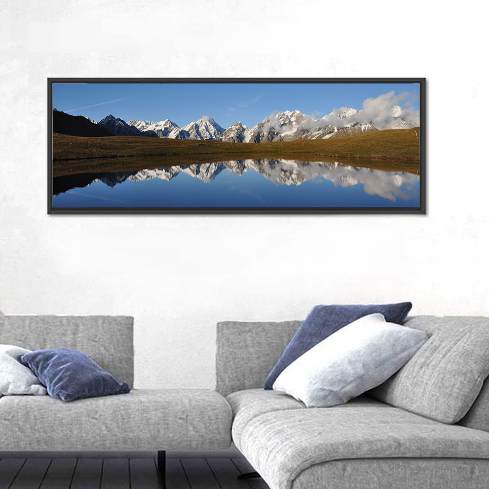 Svaneti Lake Reflection Wall Art in a room, panoramic