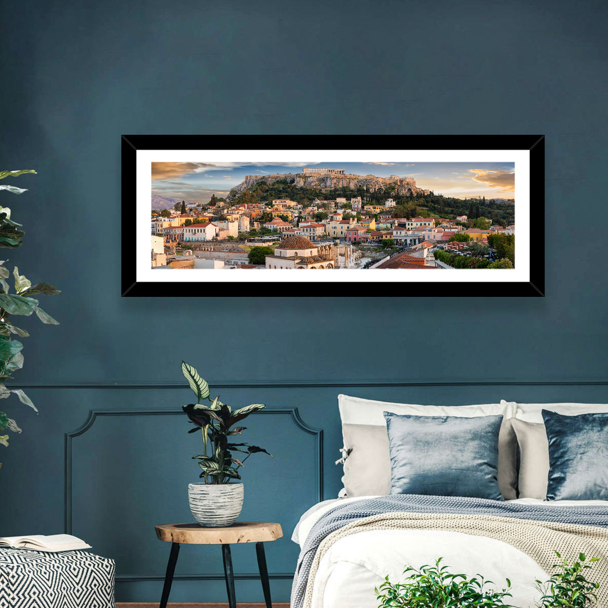 Acropolis and Parthenon Over Athens at Golden Hour Wall Art in a room, panoramic