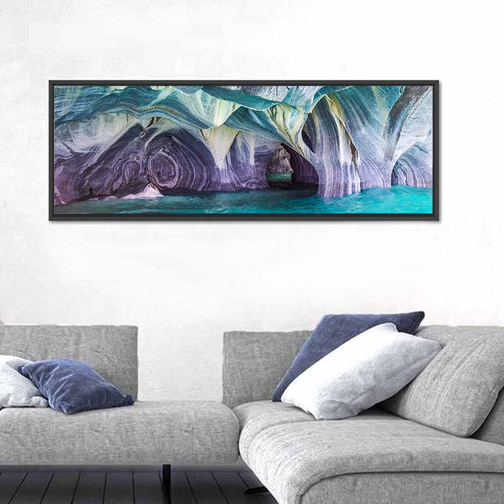 Marble Caves of Lake General Carrera Wall Art in a room, panoramic