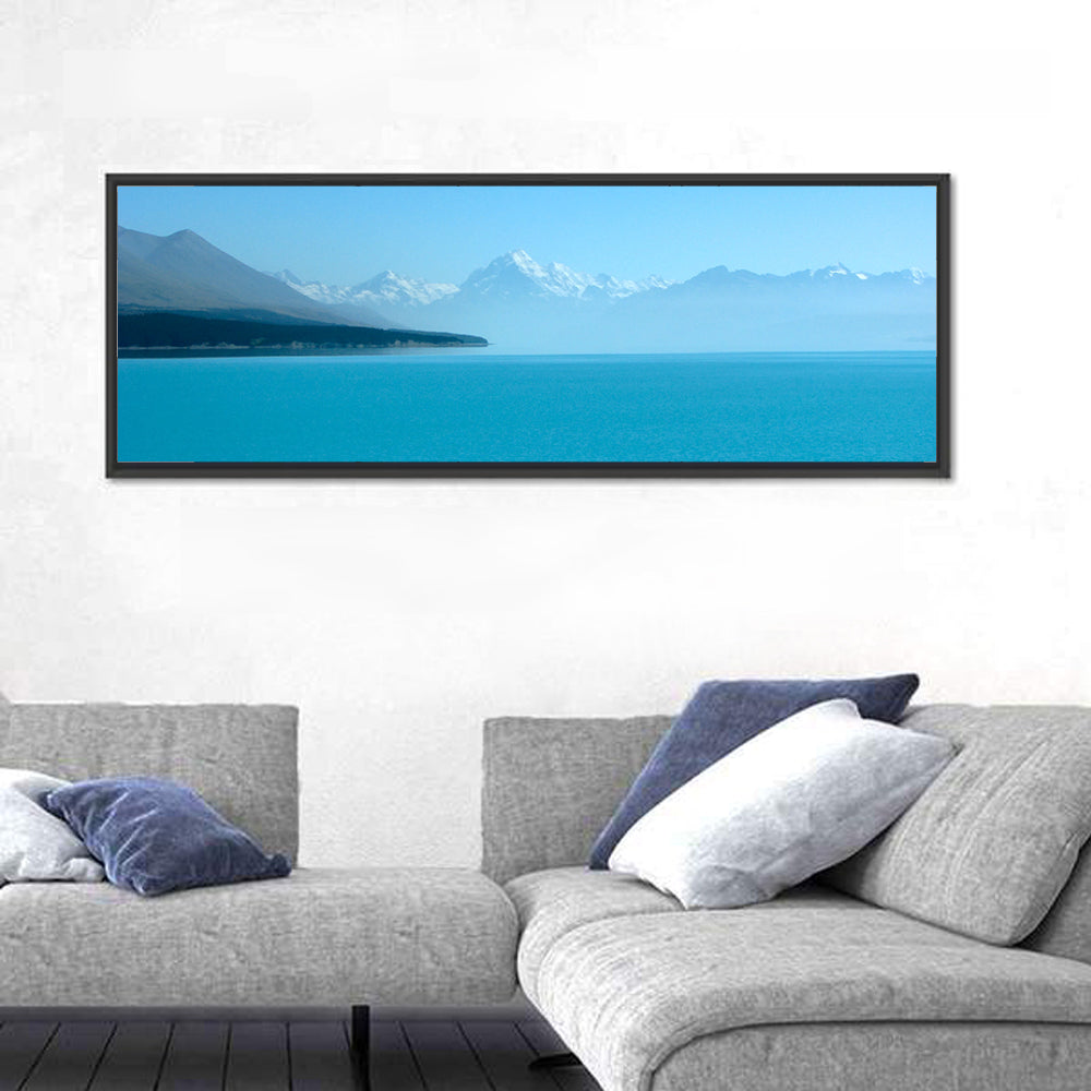 Turquoise Lake Pukaki View of Mount Cook Wall Art in a room, panoramic