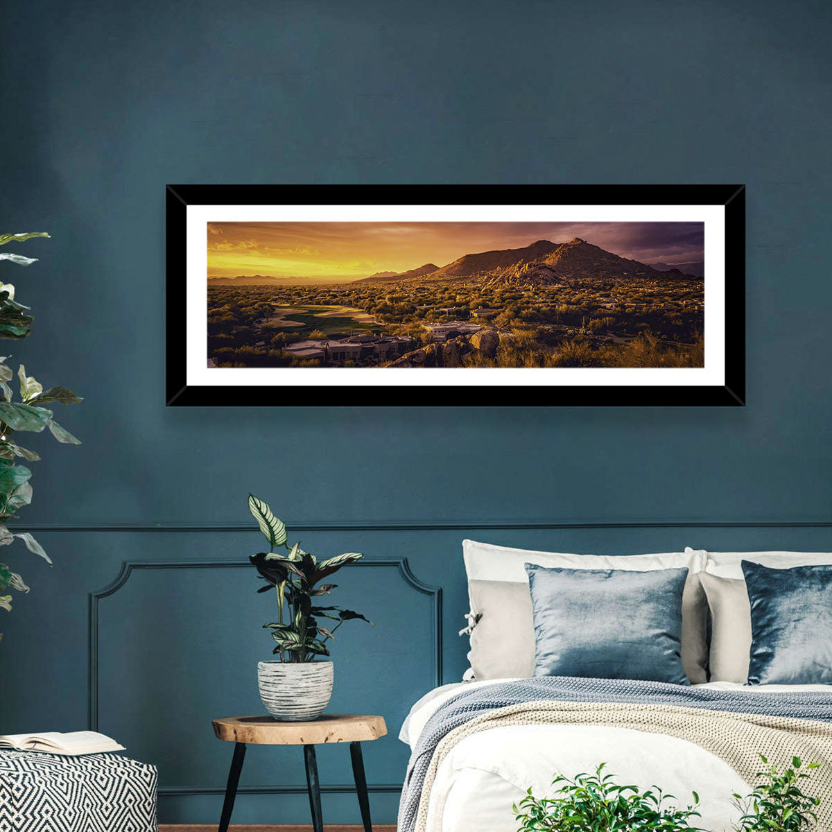 Scottsdale Desert Sunset Wall Art in a room, panoramic
