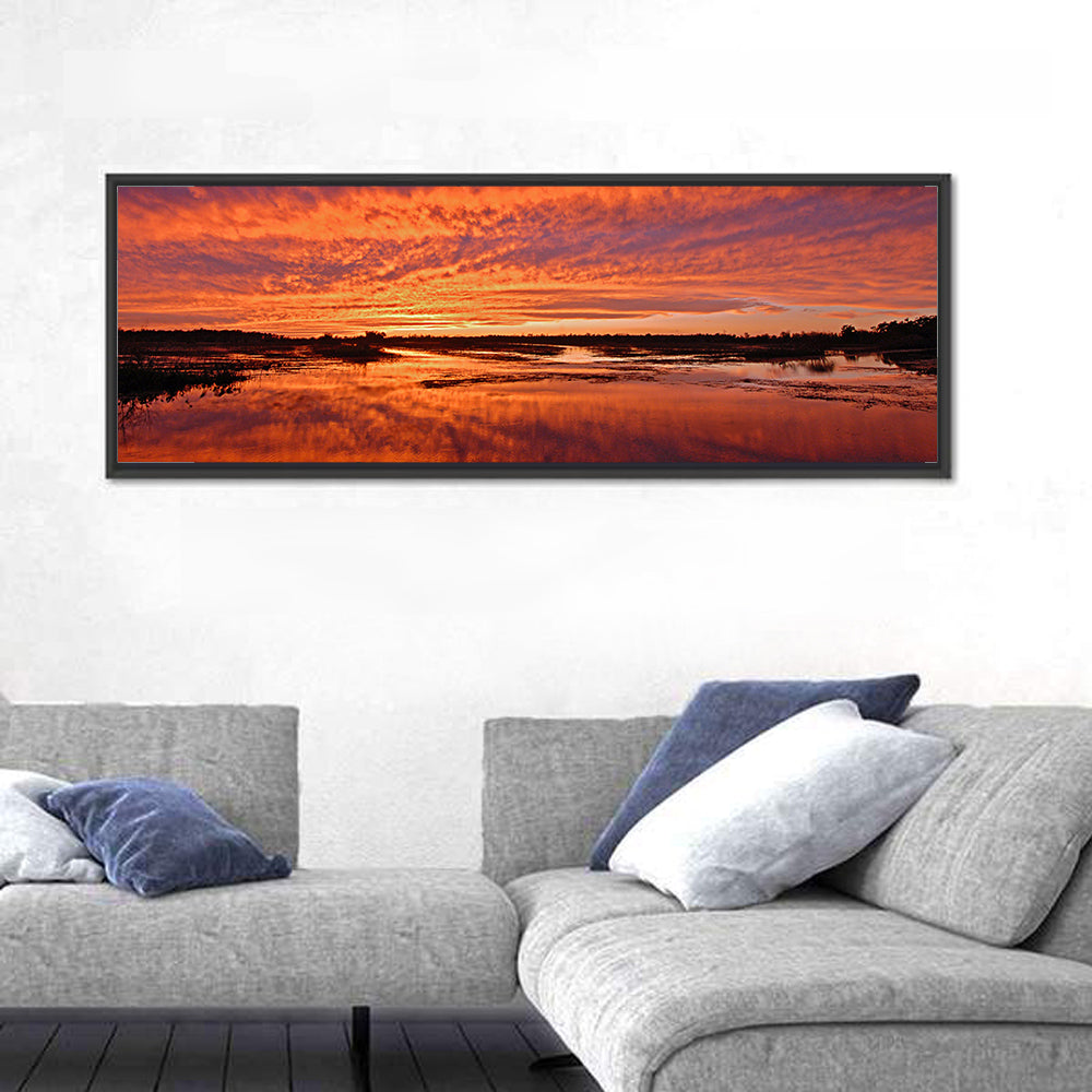 Louisiana Wetland Sunset Wall Art in a room, panoramic