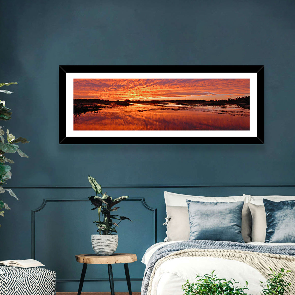 Louisiana Wetland Sunset Wall Art in a room, panoramic