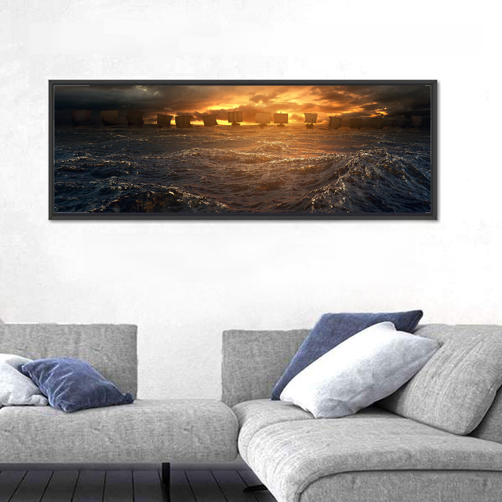 Viking Longships at Sunset Wall Art in a room, panoramic