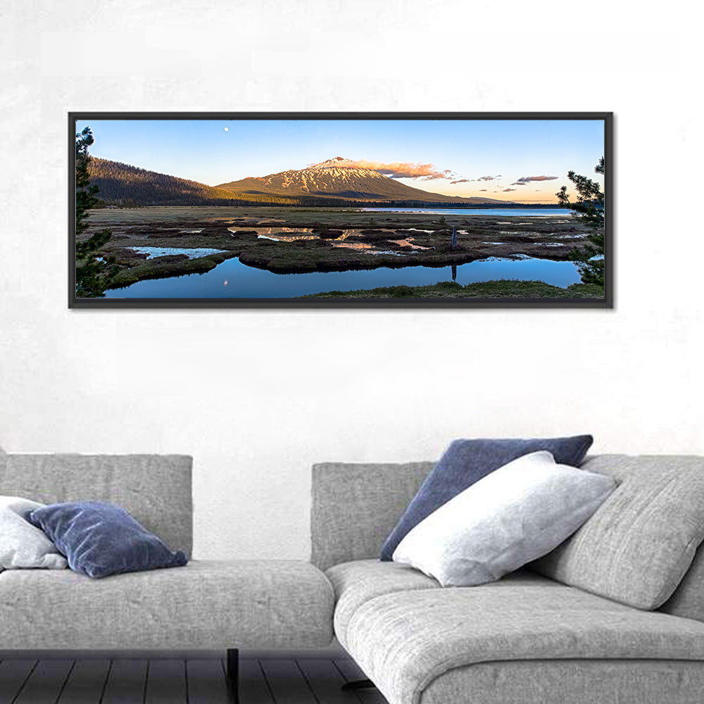 Mount Bachelor Moonlit Sunset Wall Art in a room, panoramic