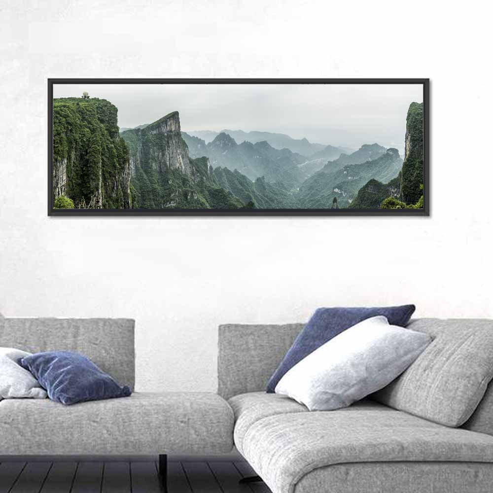 Misty Tianmen Mountain Valley Wall Art in a room, panoramic