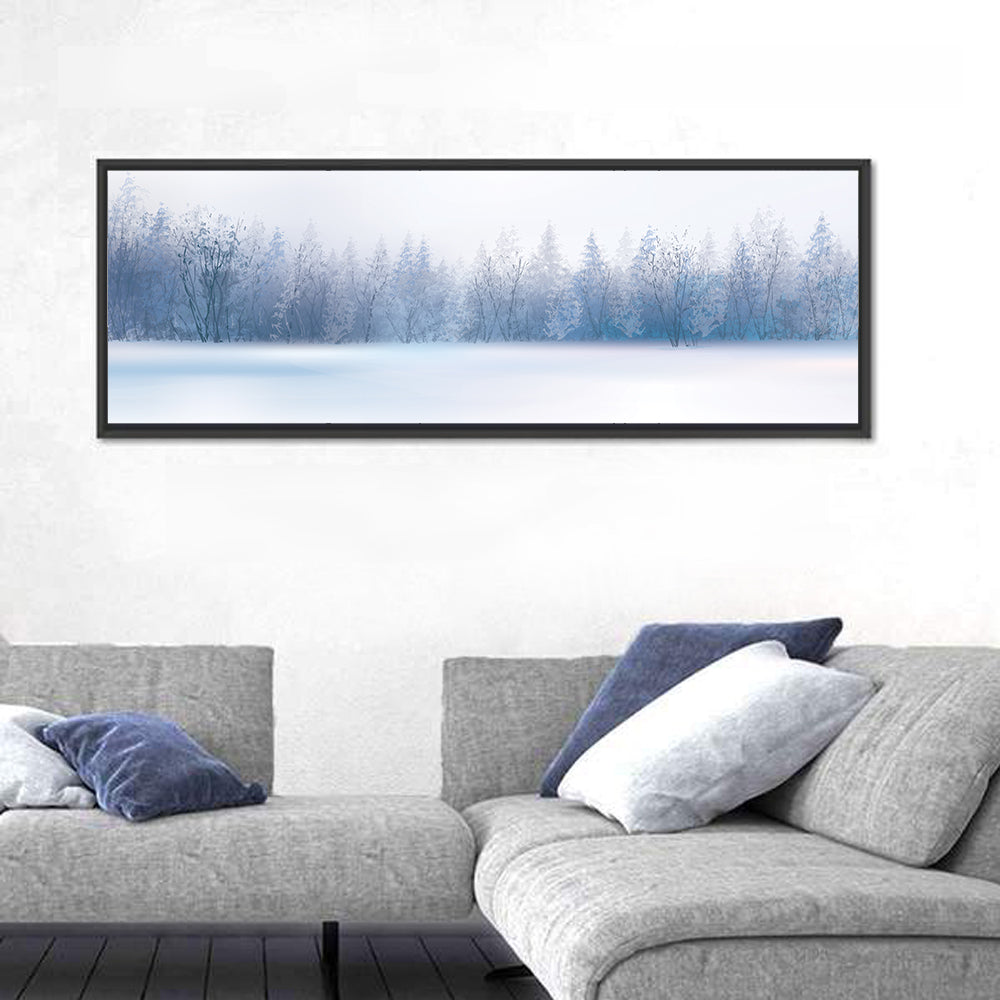 Misty Winter Forest Illustration Wall Art in a room, panoramic