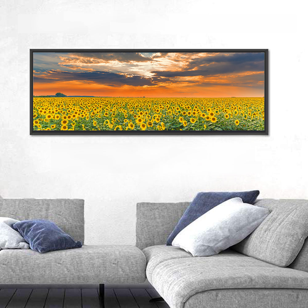 Golden Hour Sunflower Field Wall Art in a room, panoramic