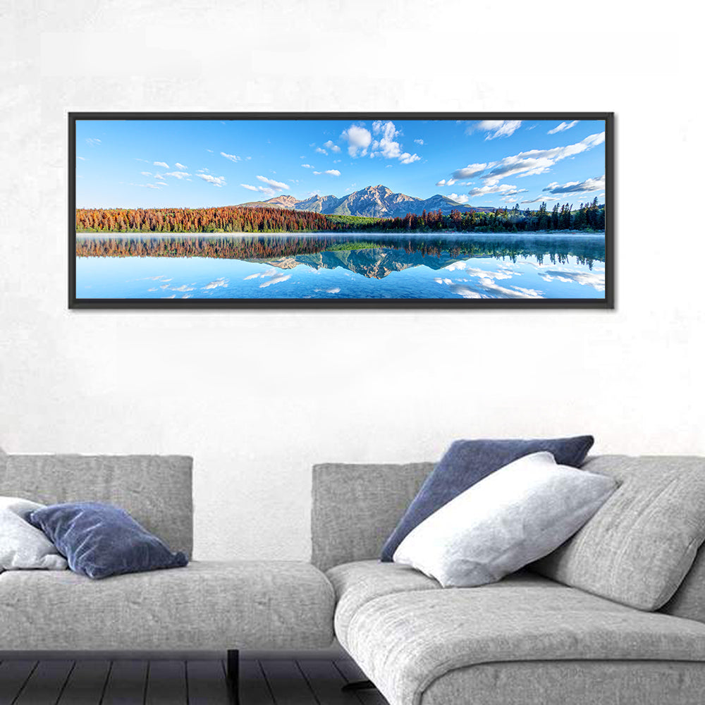 Patricia Lake Autumn Reflection Wall Art in a room, panoramic