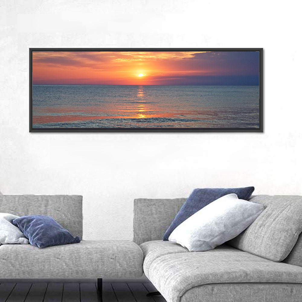 Lake Michigan Sunset Reflection Wall Art in a room, panoramic