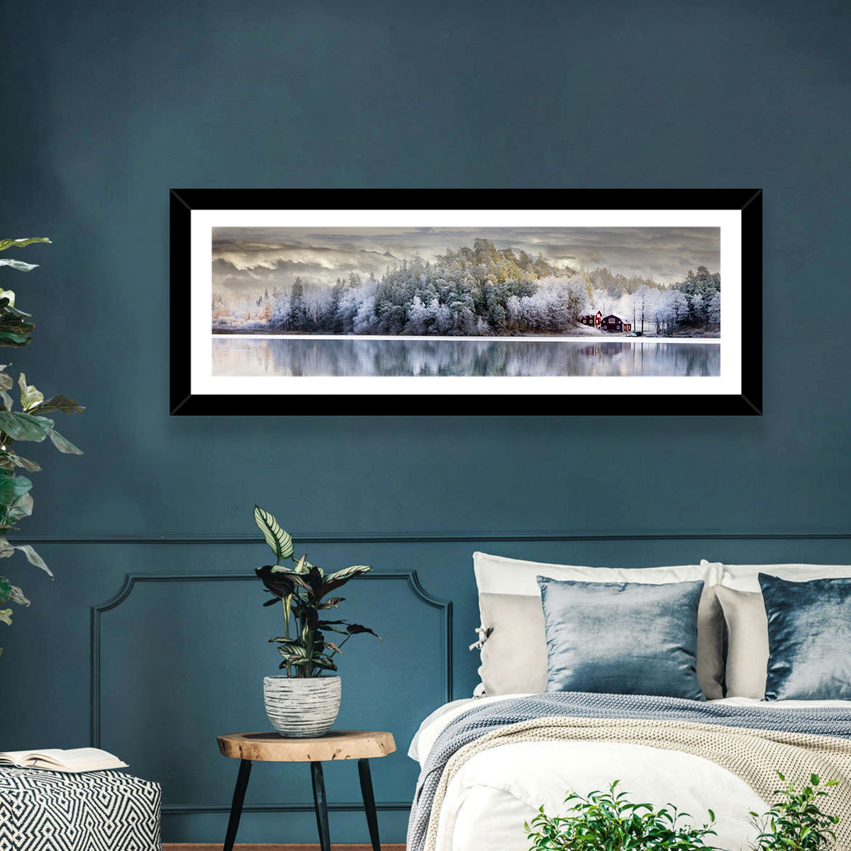 Red Cottage by a Frozen Lake Wall Art