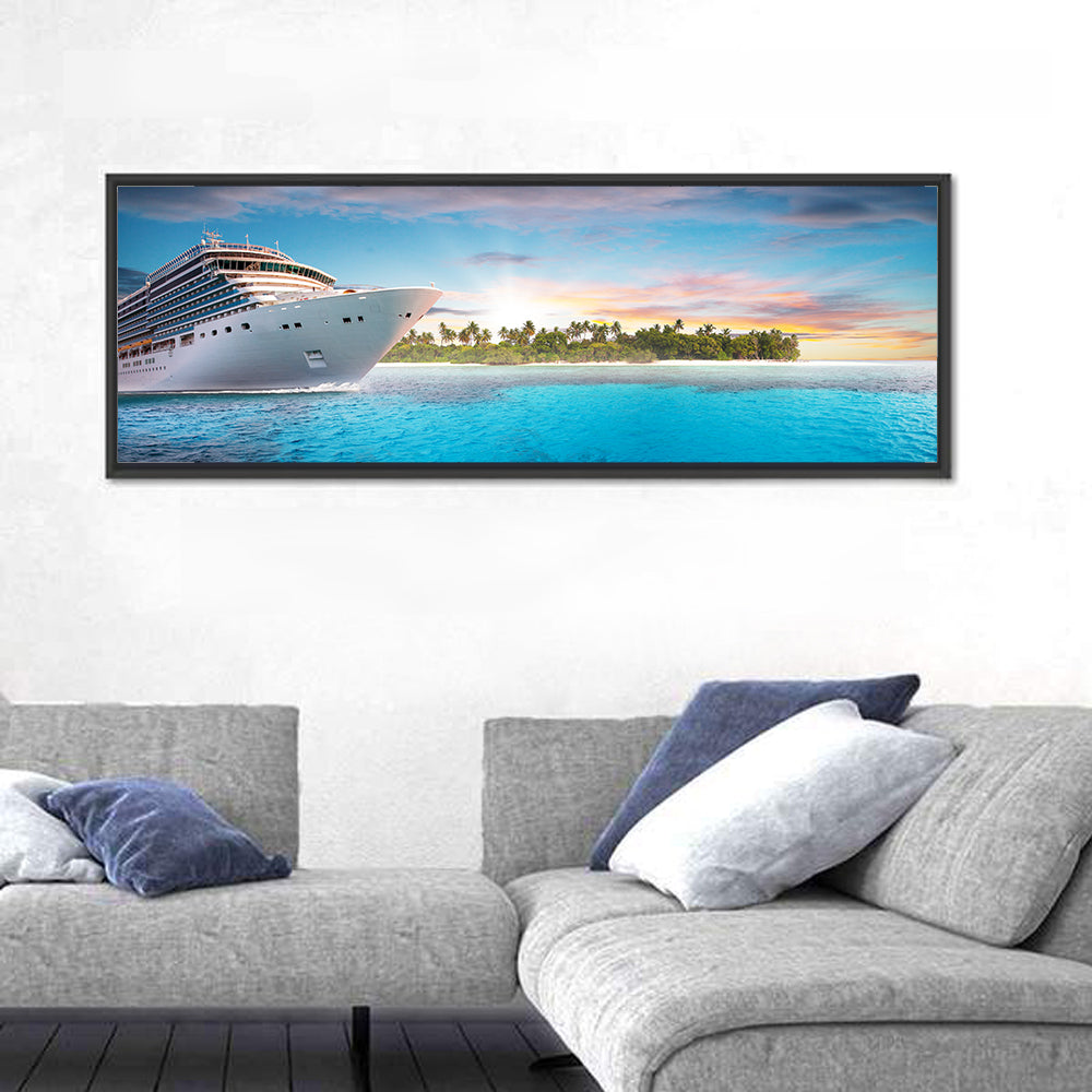 Cruise Ship at Tropical Sunset Wall Art in a room, panoramic