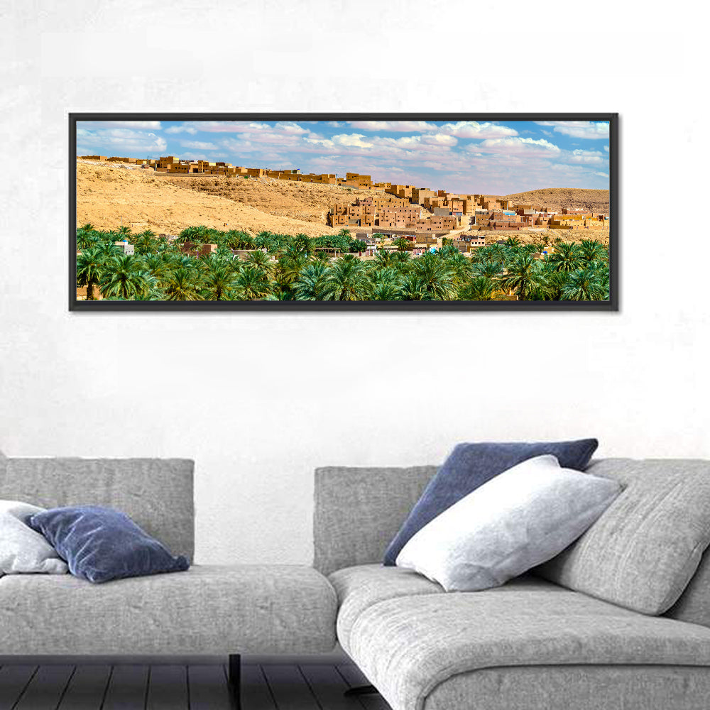 Ksar Bounoura Oasis Town Vista Wall Art in a room, panoramic