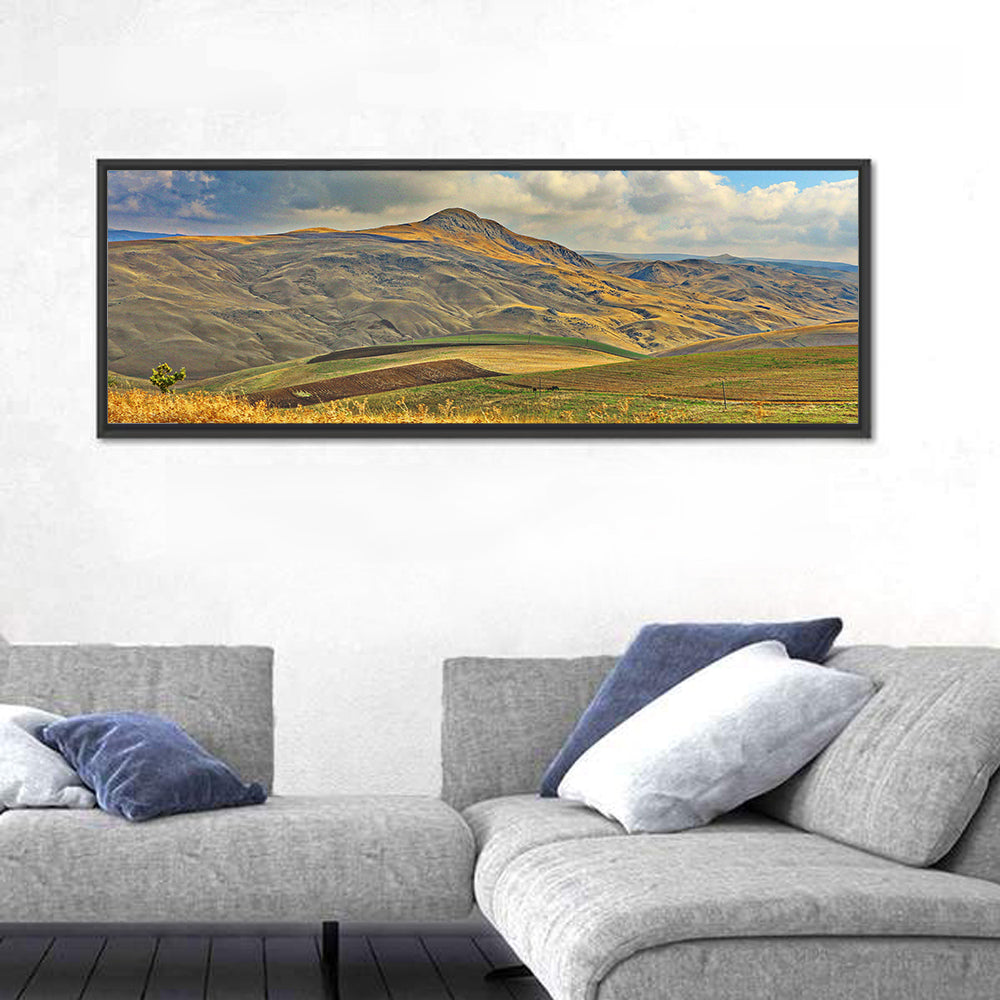 Shamakhi Valley Harvest Fields Wall Art in a room, panoramic