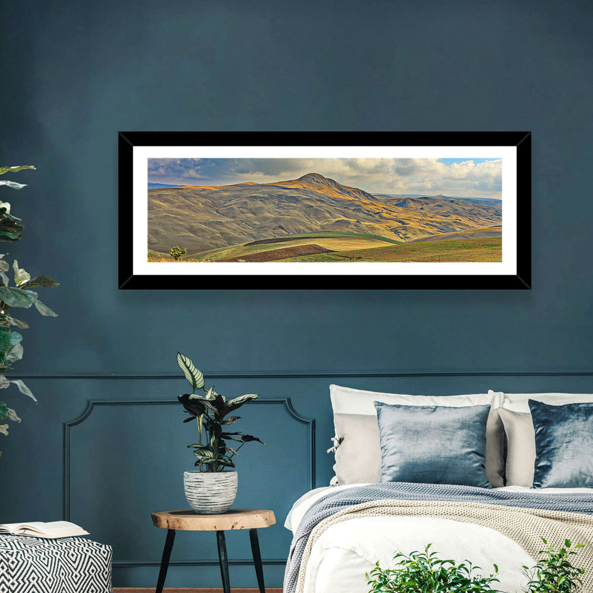 Shamakhi Valley Harvest Fields Wall Art in a room, panoramic