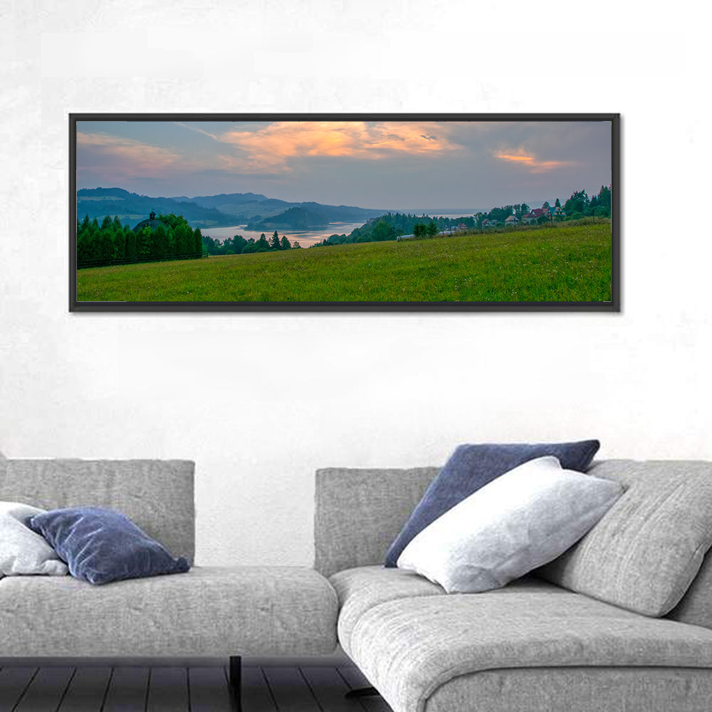 Czorsztynskie Lake Meadow at Dusk Wall Art in a room, panoramic