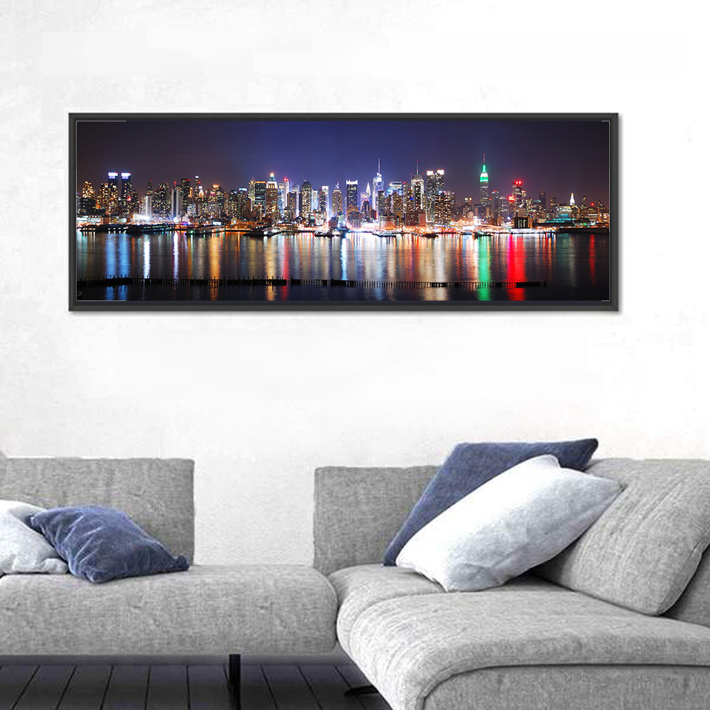 New York Skyline Mirror Reflection at Night Wall Art in a room, panoramic