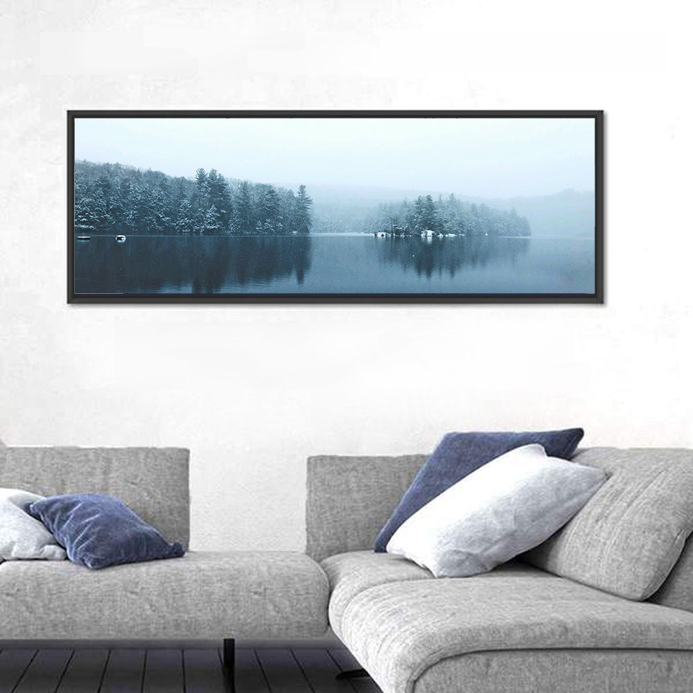 Burr Pond Winter Reflection Wall Art in a room, panoramic
