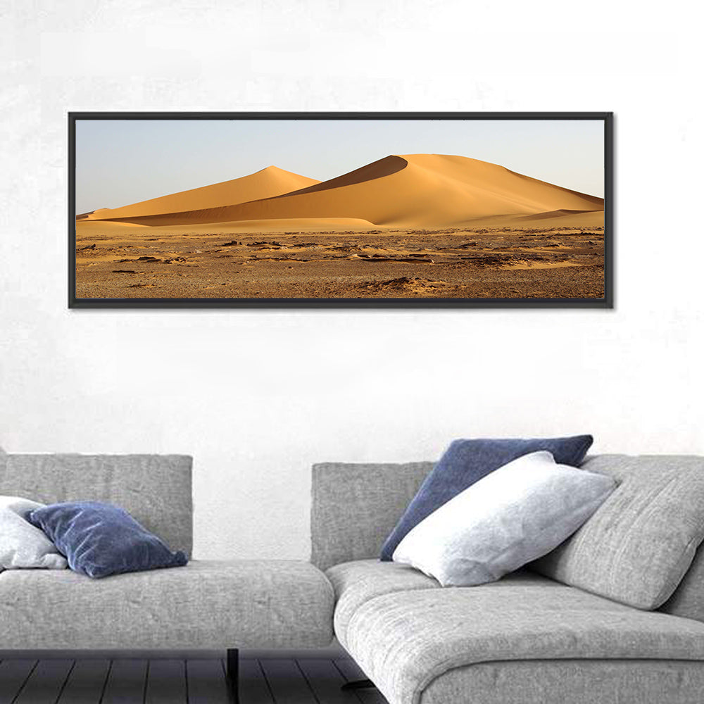 Golden Hour Desert Dunes Wall Art in a room, panoramic