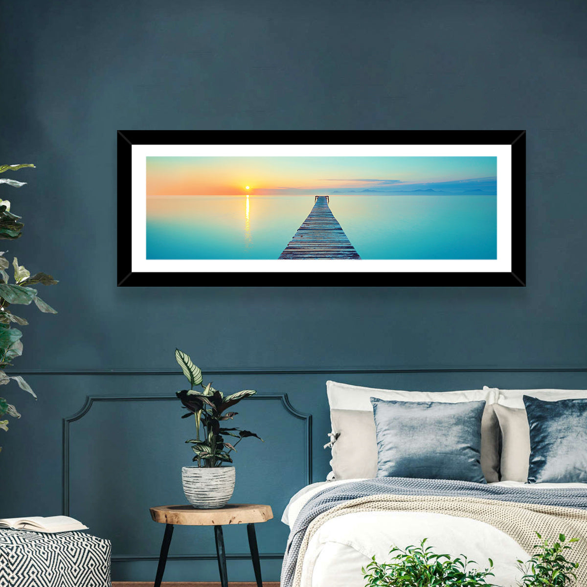 Wooden Footbridge at Sunset Wall Art in a room, panoramic