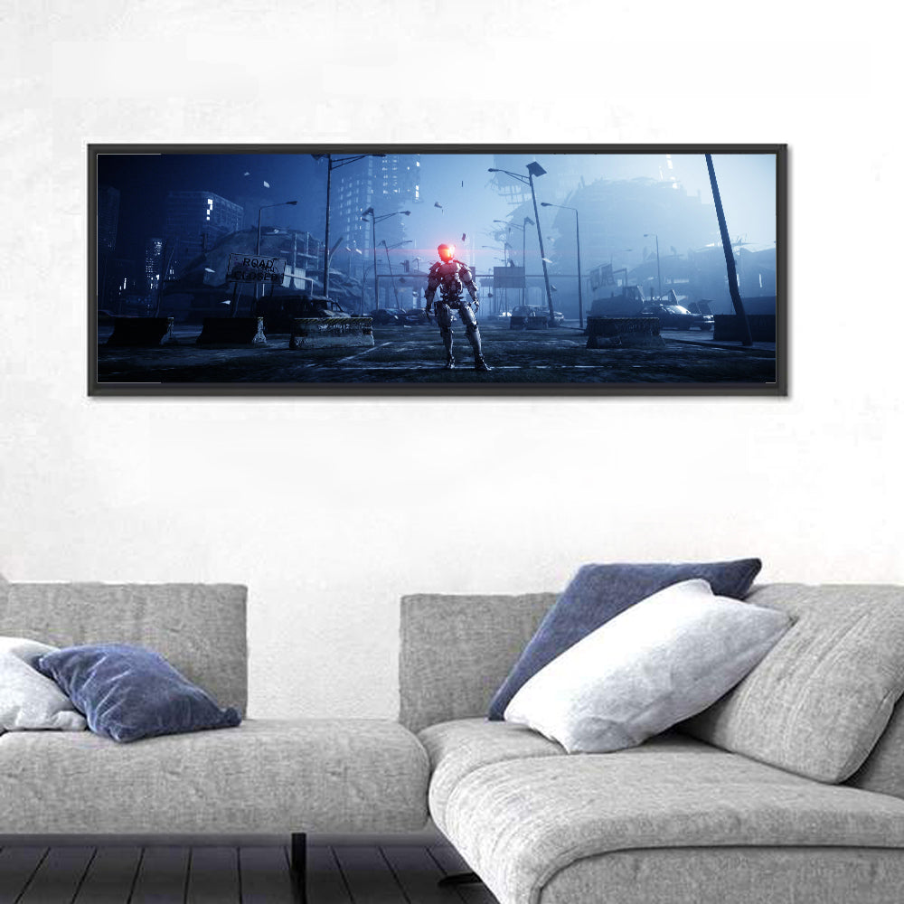 Alien Robot in Ruined City Wall Art in a room, panoramic