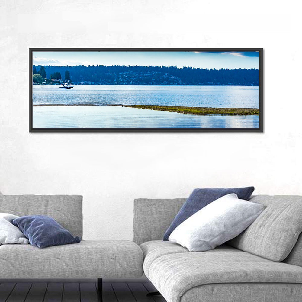 Lake Sammamish Reflection Wall Art in a room, panoramic