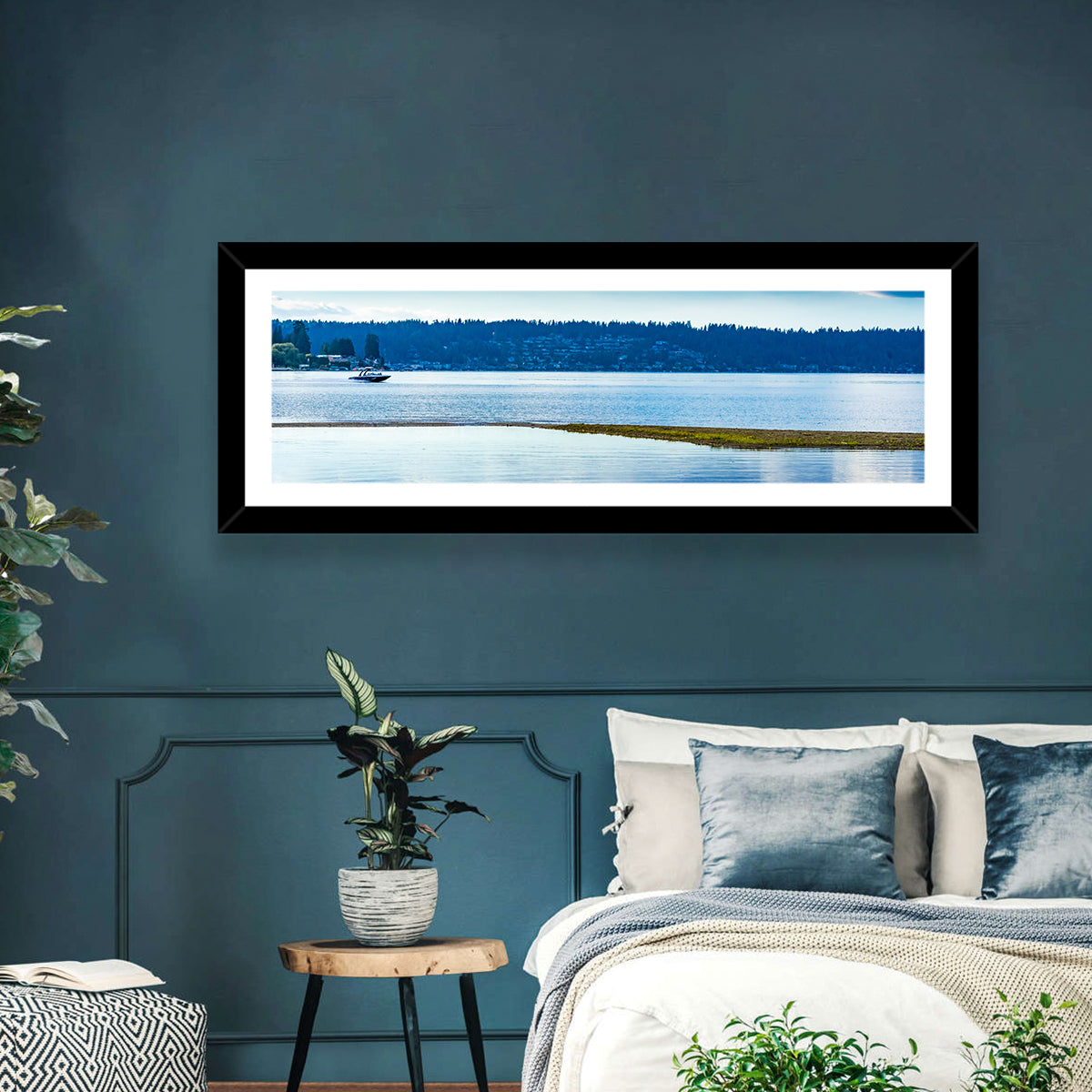 Lake Sammamish Reflection Wall Art in a room, panoramic