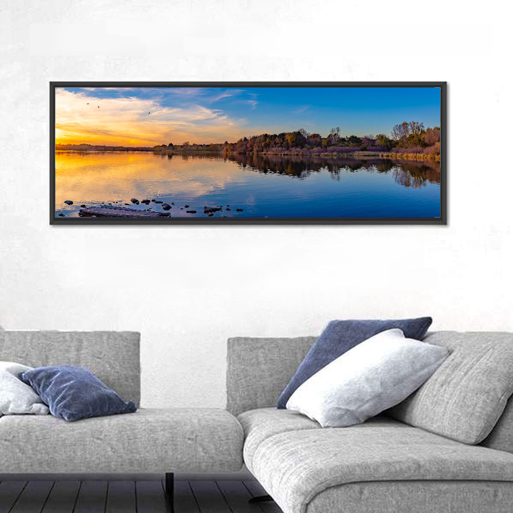 Zorinsky Lake Golden Hour Wall Art in a room, panoramic