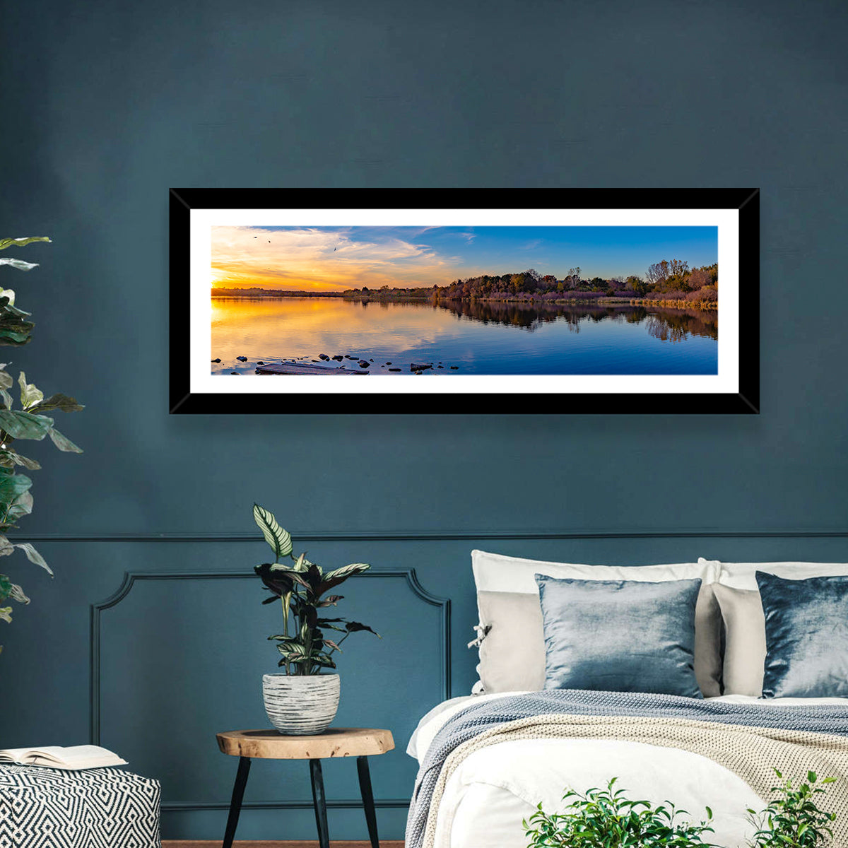 Zorinsky Lake Golden Hour Wall Art in a room, panoramic