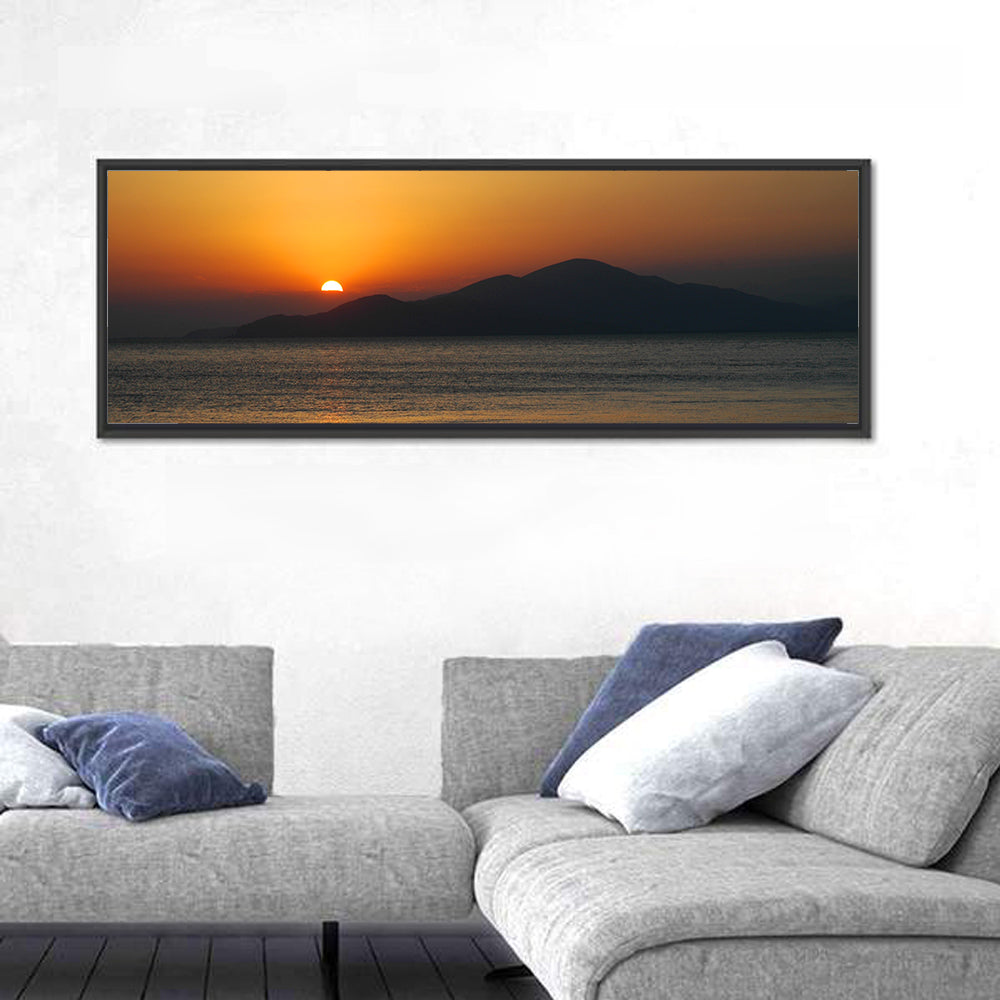 Lake Sevan Sunset Reflection Wall Art in a room, panoramic
