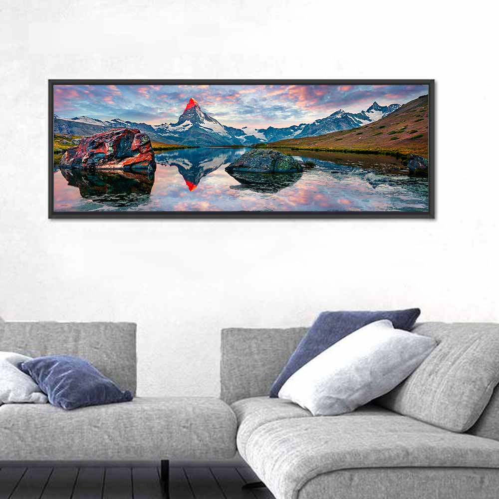 Stellisee Sunrise Reflection Wall Art in a room, panoramic