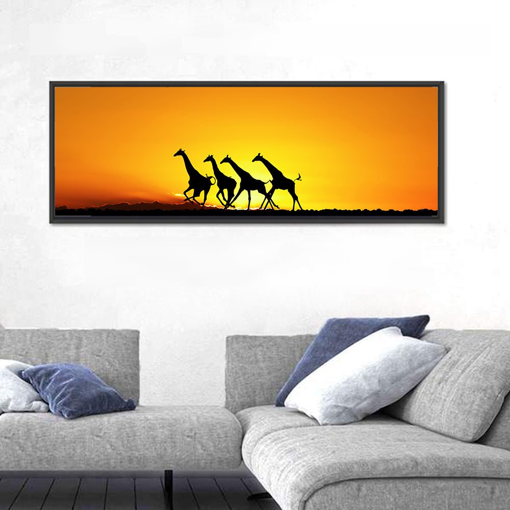 Savanna Giraffes at Sunset Wall Art in a room, panoramic