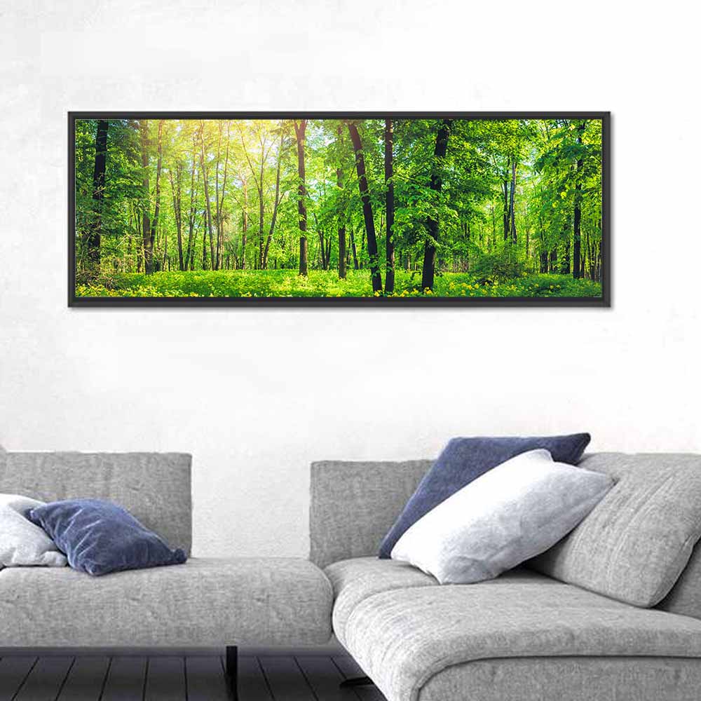 Sunlit Green Forest with Yellow Wildflowers Wall Art