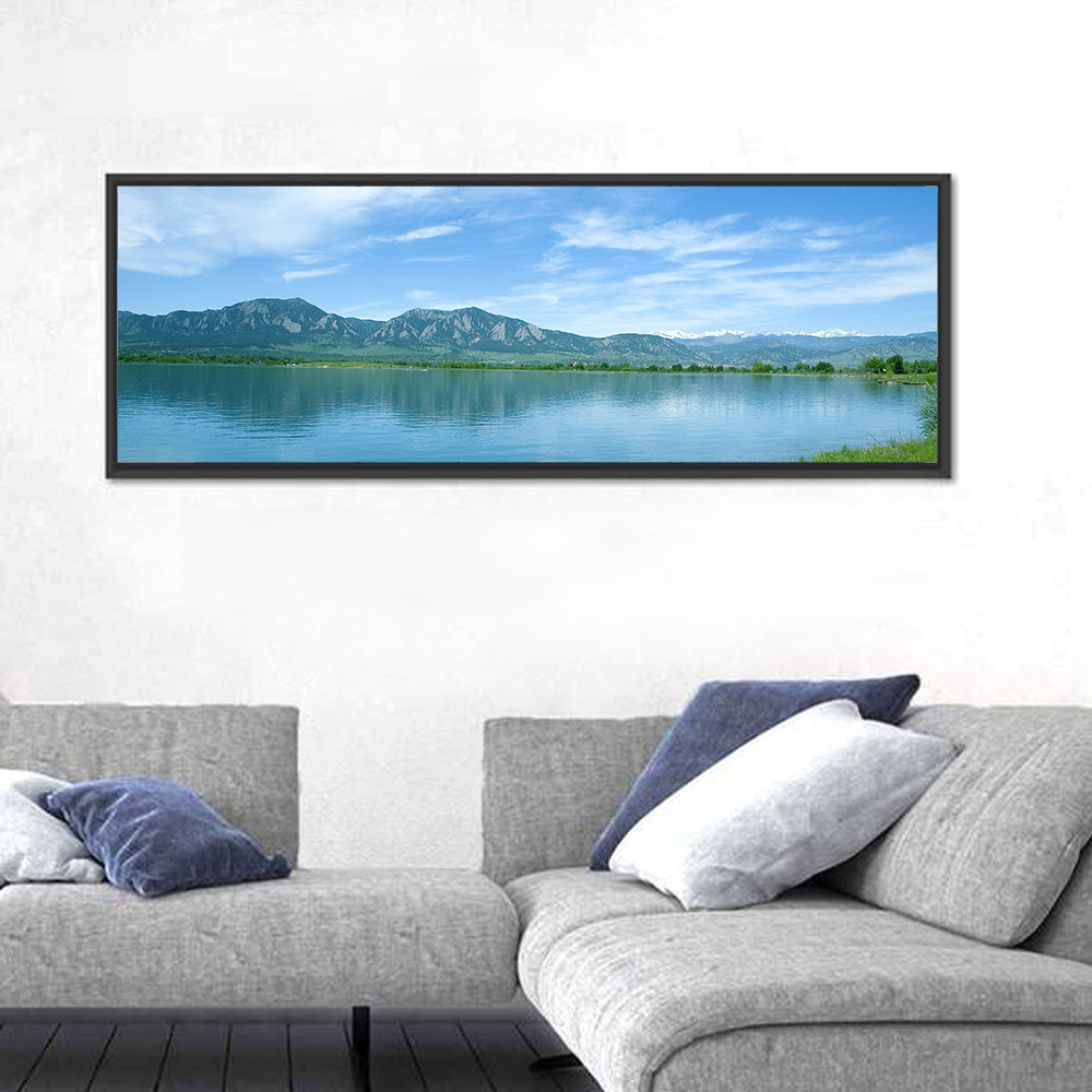 Boulder Reservoir and Flatirons Wall Art in a room, panoramic