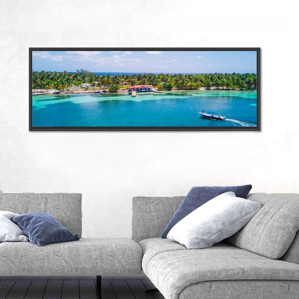 Belize Reef Island Pier Wall Art in a room, panoramic