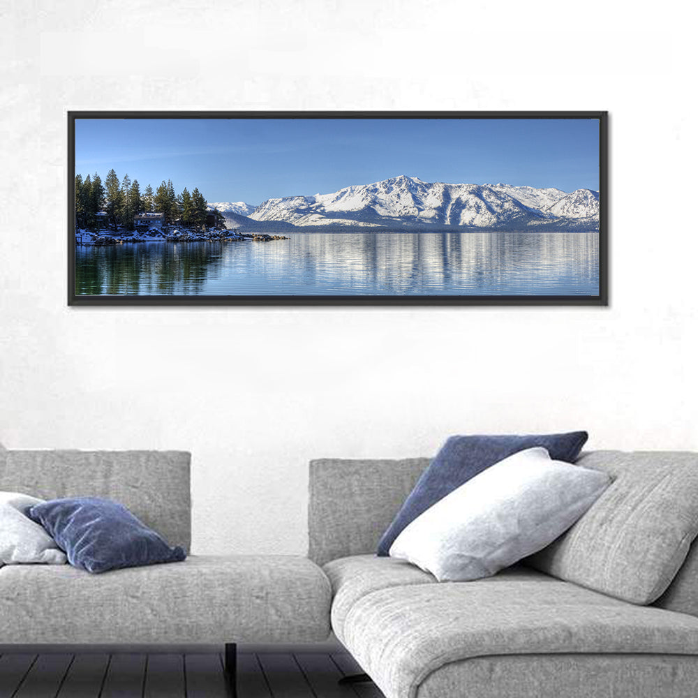 Elk Point Lake Tahoe Reflection Wall Art in a room, panoramic